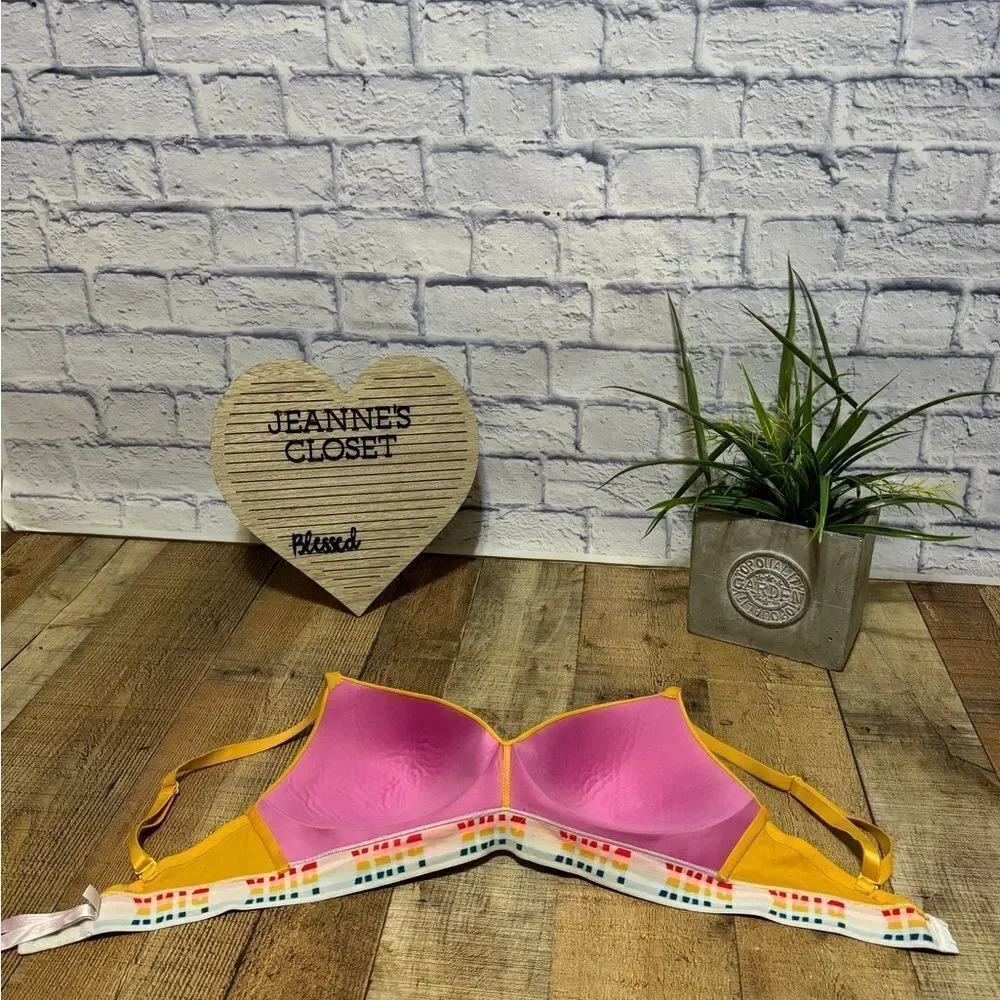 Victorias Secret PINK Wear Everywhere Wireless Lightly Lined Bra Yellow Rainbow